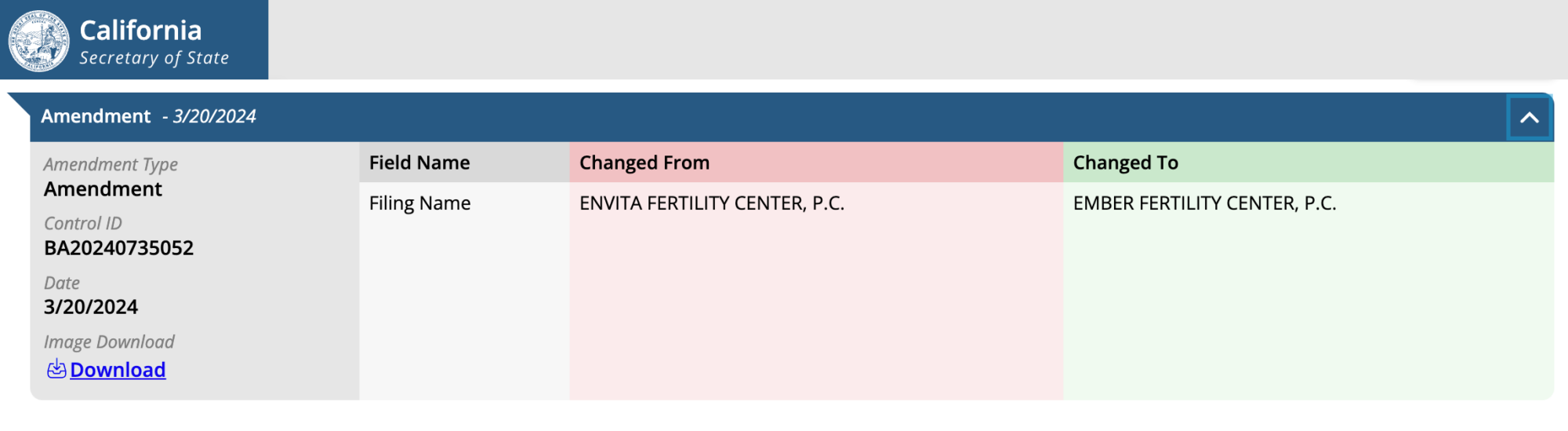 Search results on California Secretary of State website for Ember Fertility Center (formerly Envita Fertility Center)