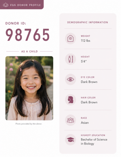 Ember Fertility Center's egg bank sample profile for an Asian donor | Orange County, CA